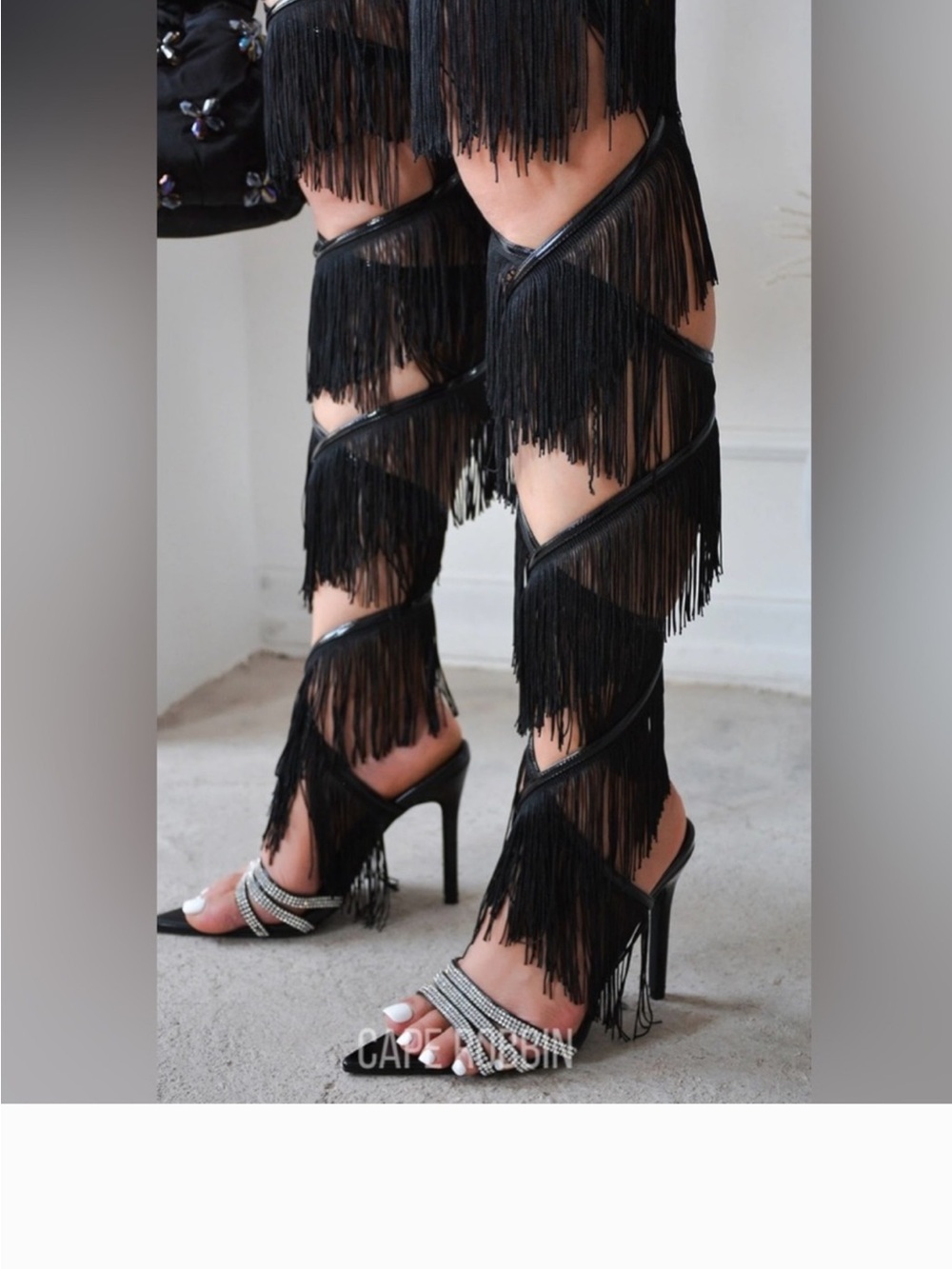 Cape Robbin Black Patent Pointed Toe Rhinestone Heels strap up leg